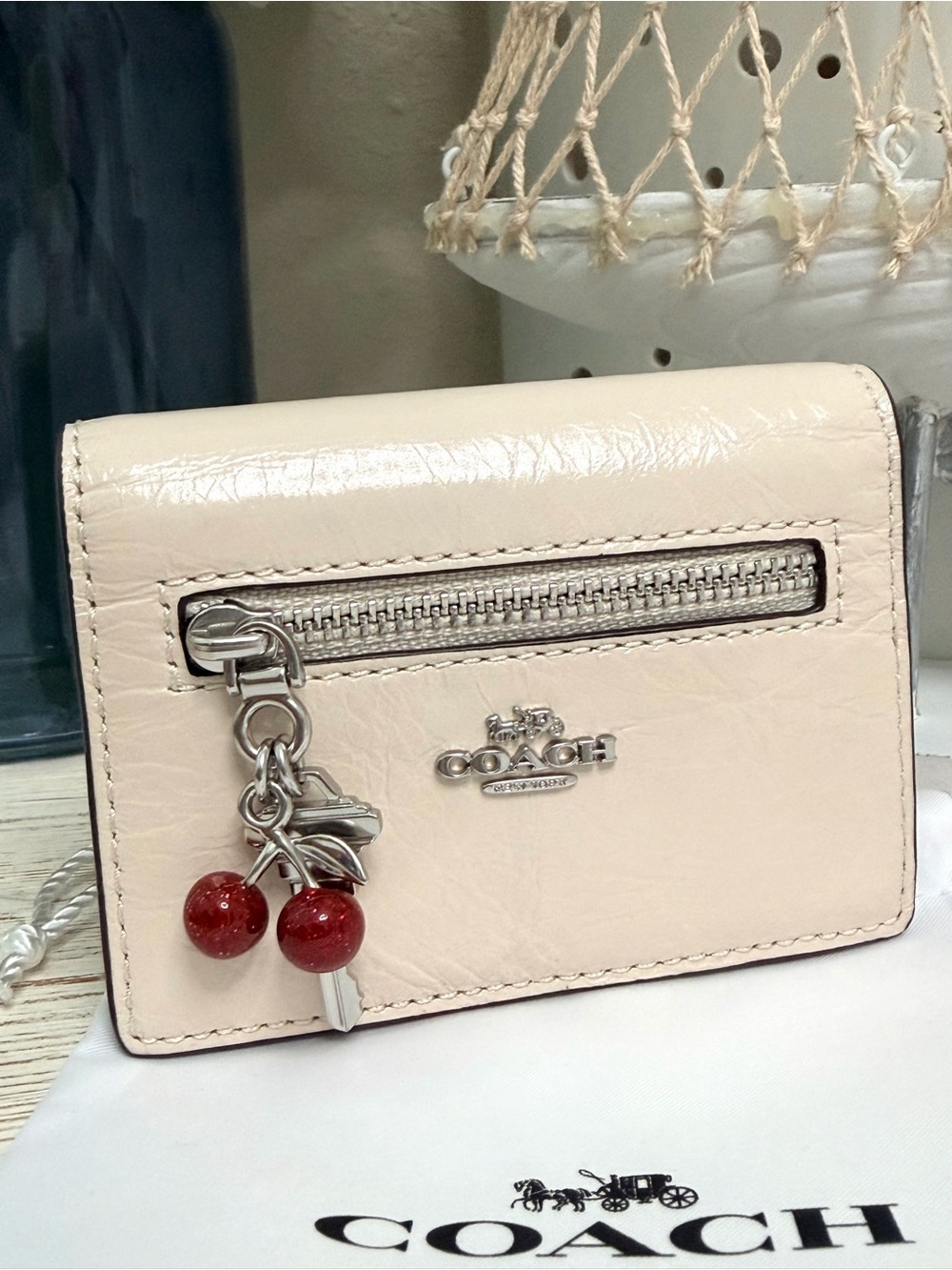 Coach Pink off White Leather Card Holder with Red Cherry and Key Charm